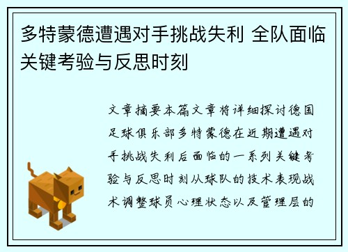 多特蒙德遭遇对手挑战失利 全队面临关键考验与反思时刻