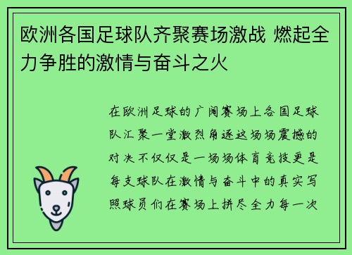 欧洲各国足球队齐聚赛场激战 燃起全力争胜的激情与奋斗之火
