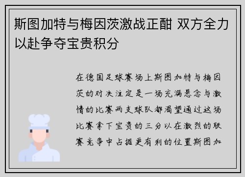 斯图加特与梅因茨激战正酣 双方全力以赴争夺宝贵积分