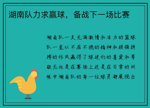 湖南队力求赢球，备战下一场比赛